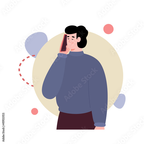 Young man speaking on mobile phone. Cartoon character communicates, conversation or listens to interlocutor using smartphone. Flat cartoon vector isolated illustration.