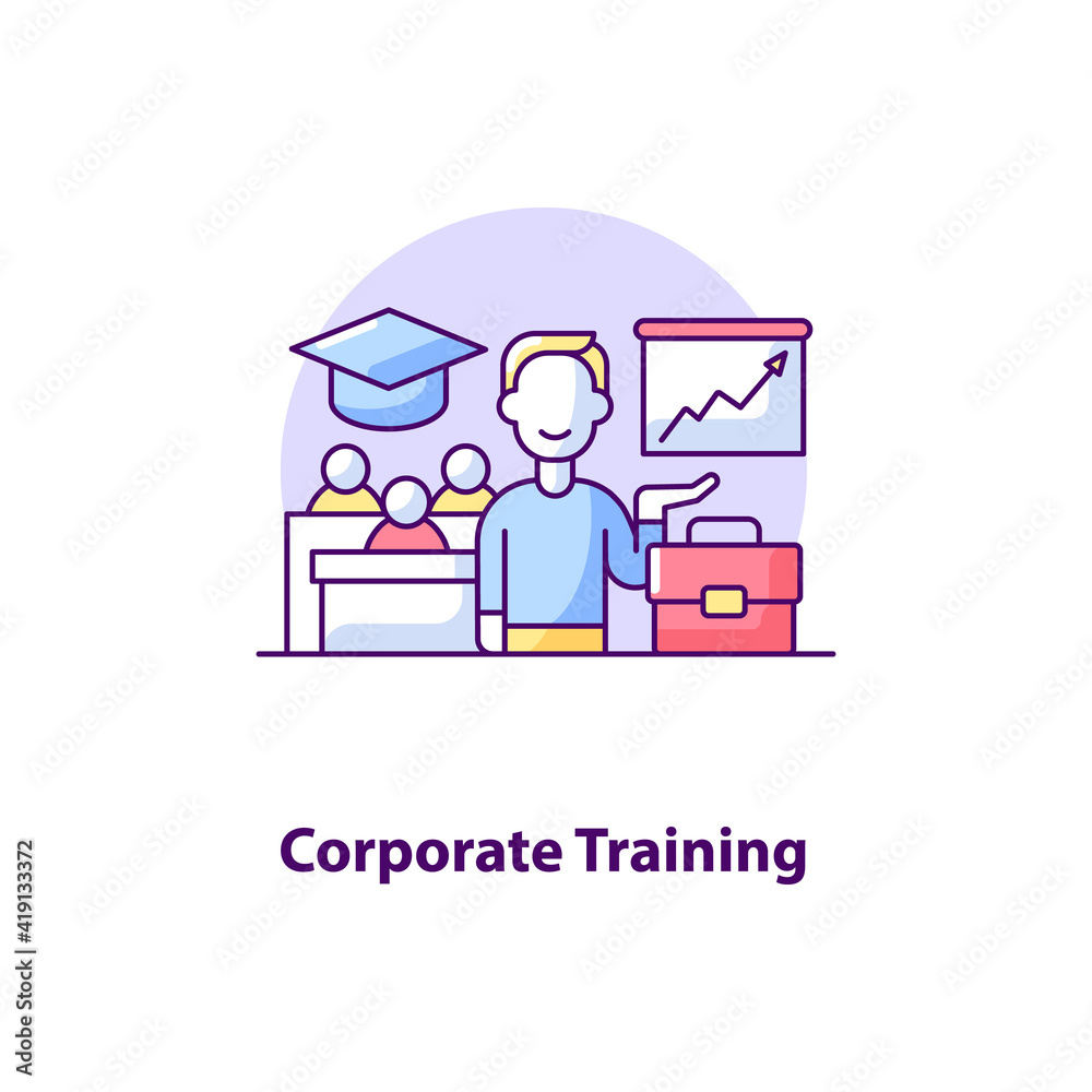 Corporate training creative UI concept icon. Group training of colleagues. Online lessons. Business presentation abstract illustration. Isolated vector art for UX. Color graphic design element