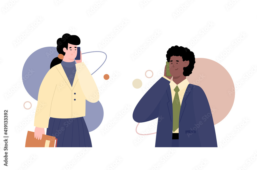 Business people talking smartphones, cartoon vector illustration isolated on white background. Man and woman communicating using mobile phones connection. Business people talking smartphones, cartoon vector illustration isolated on white background. Man and woman communicating using mobile phones connection.