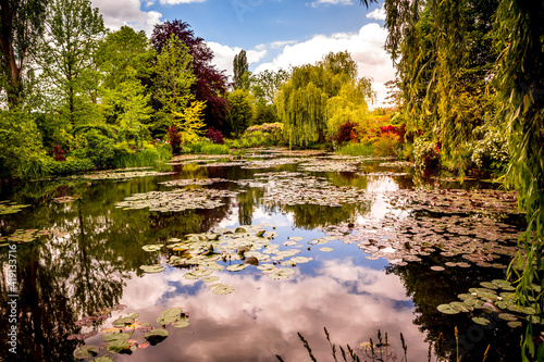 Fotografie Pond, trees, and waterlilies in a french garden