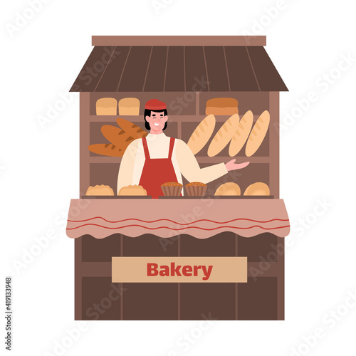 Sellerman of street bakery shop standing behind counter, cartoon vector illustration isolated on white background. Sale and manufacture of bread bakery products.
