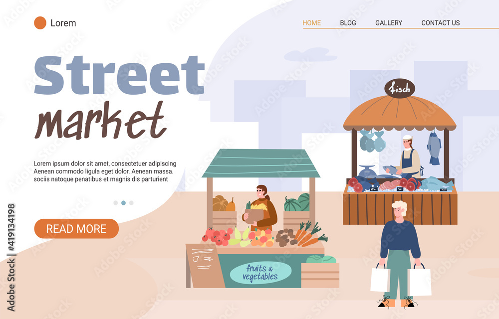 Website page for local street market with farmers and buyers cartoon characters. Street food market promotion for sale local farm production, cartoon vector illustration.