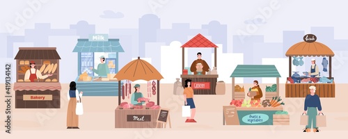 Local street market with farmers and buyers cartoon characters. Street food market booths with sellers offering local farm production, cartoon vector illustration.