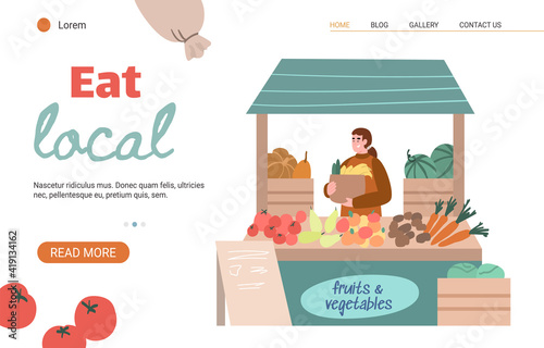 Female farmer sales fresh fruits and vegetables at stall of shop on local city street market. Small business concept. Vector illustration, landing page template