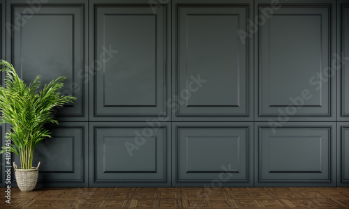 empty green room with classic wall style and wooden floor. interior design 3d background