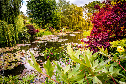 Murais de parede Pond, trees, and waterlilies in a french garden