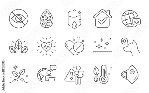Drop counter, World medicine and Grow plant line icons set. Medical mask, Thermometer and Clean skin signs. Medical pills, Veterinary clinic and Not looking symbols. Line icons set. Vector