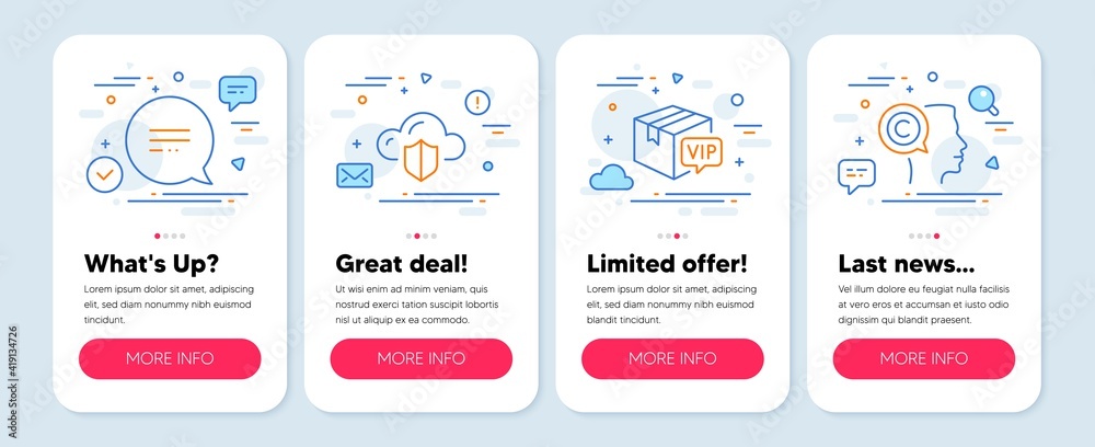 Set of Business icons, such as Text message, Vip parcel, Cloud protection symbols. Mobile screen banners. Writer line icons. Chat bubble, Exclusive delivery, Storage security. Copyrighter. Vector