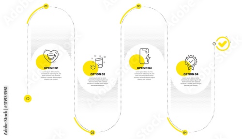 Smartphone charging, Love coffee and Musical note line icons set. Timeline process infograph. Certificate sign. Phone battery, Cappuccino mug, Music. Verified award. Business set. Vector