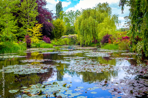 Fotótapéta Pond, trees, and waterlilies in a french garden