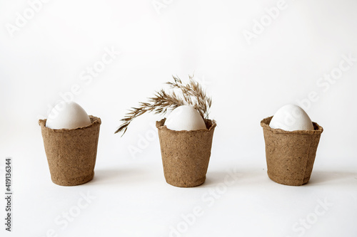 Minimalist concept with Easter white eggs in peat pots. © pavasaris
