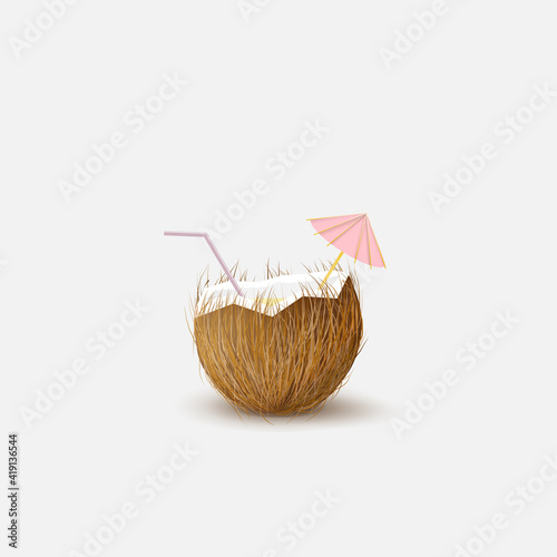 tropical coconut cocktail with pink umbrella on white isolated background
