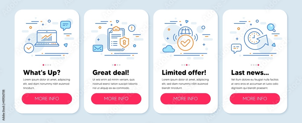 Set of Business icons, such as Privacy policy, Verified internet, Online  statistics symbols. Mobile screen app banners. Update time line icons.  Checklist, Confirmed web, Computer data. Vector vector de Stock | Adobe