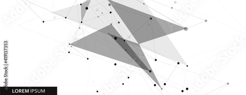 Banner with light background and print of connected shapes. Molecules, points and Lines