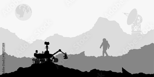 Space landscape. Mars scene with astronaut  rover and antenna. Silhouette panorama. Martian colonization