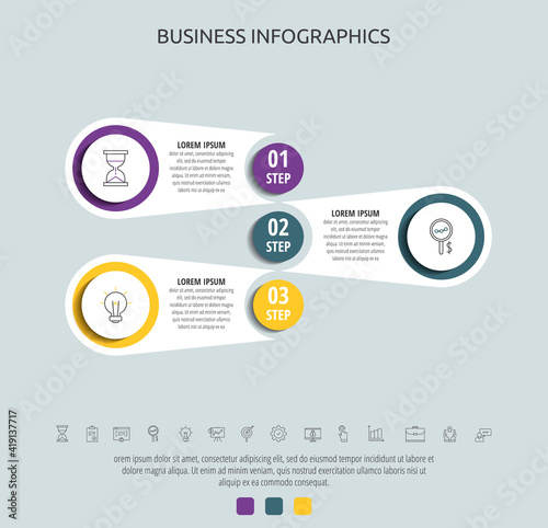 Business vector infographic circles for three label, diagram, graph, presentations. Concept with 3 options used with content, flowchart, steps, timeline, workflow, marketing.
