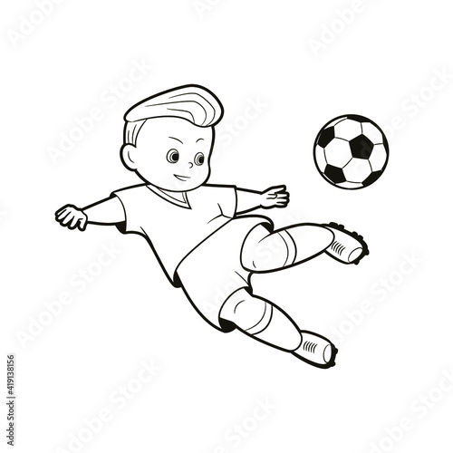 Black and white line art, teen soccer player jumping, kicking soccer ball, vector illustration, cartoon style coloring book