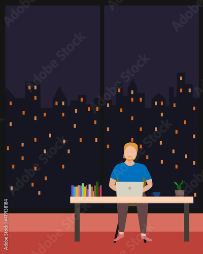 Young man working on laptop in living room at home. freelancer work remotely from home. Vector illustration design.