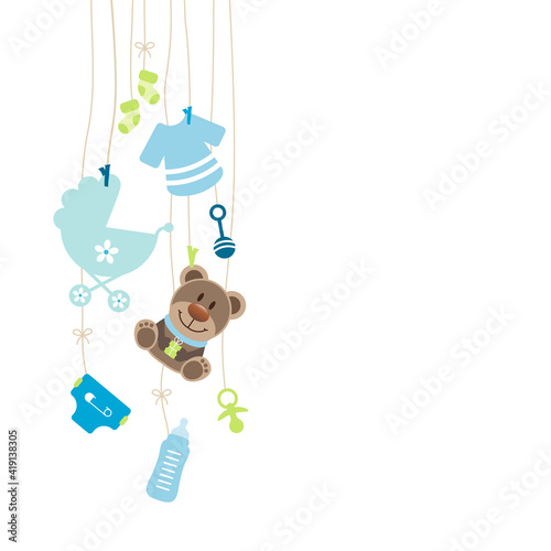 Links Hängende Babysymbole Junge Mit Teddy