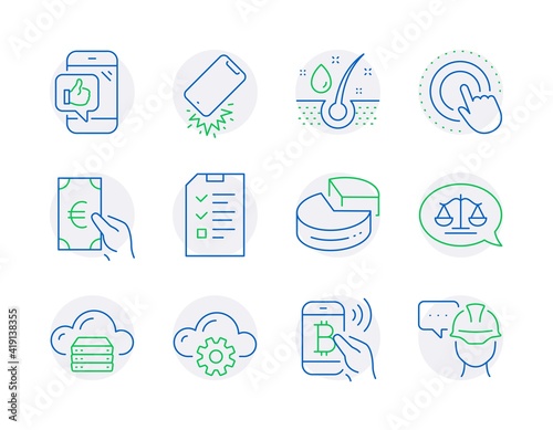 Business icons set. Included icon as Pie chart, Click hand, Cloud computing signs. Smartphone broken, Serum oil, Justice scales symbols. Interview, Finance, Cloud server. Mobile like. Vector