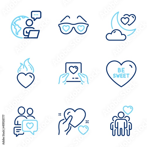 Love icons set. Included icon as Be sweet, Love mail, Dating chat signs. Love glasses, Heart flame, Friendship symbols. Hold heart line icons. Valentine letter, Spectacles with hearts. Vector