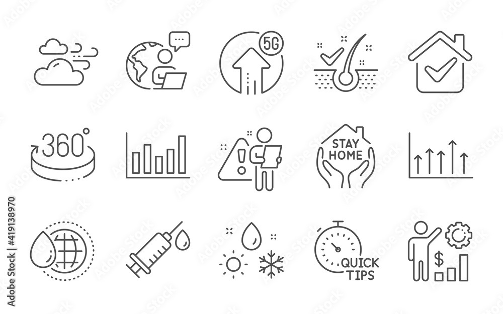 Quick tips, Employees wealth and Stay home line icons set. Windy weather, 360 degrees and Anti-dandruff flakes signs. World water, Column chart and Medical syringe symbols. Line icons set. Vector