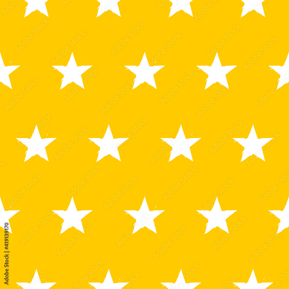 Seamless pattern with white hand drawn vector stars isolated on yellow background. 