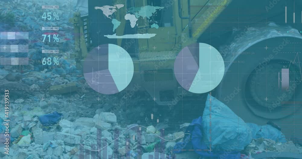 Statistical data processing against bulldozer working on landfill with birds in the sky