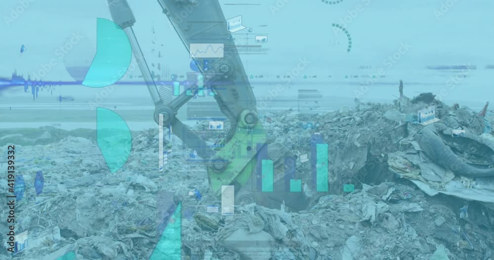 Digital composite video of financial data processing against bulldozer working on landfill
