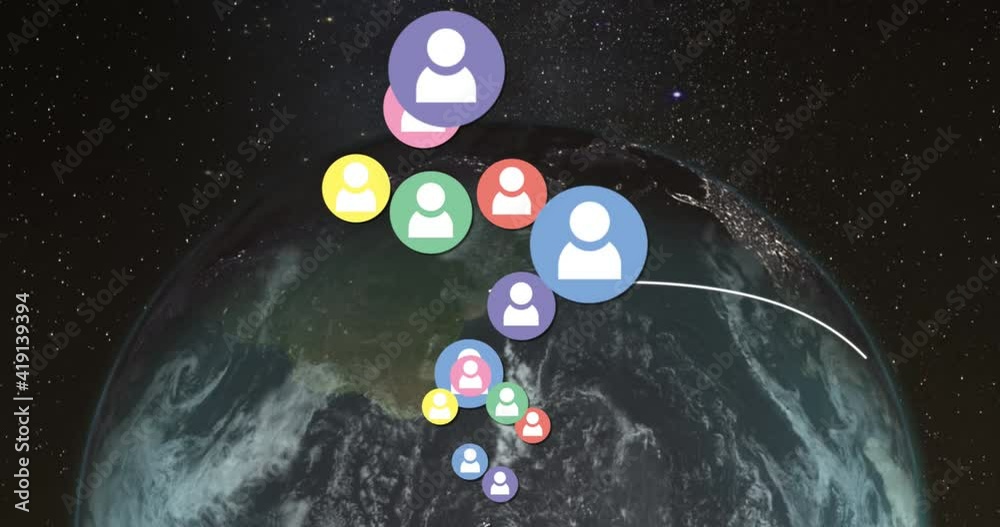 Multiple profile icons floating against light trails moving over spinning globe on black background