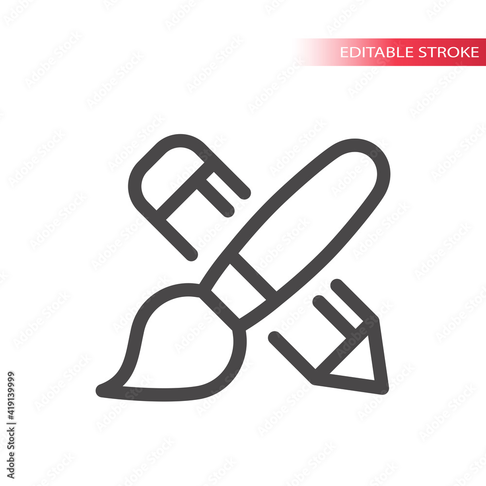 Paint brush and pencil crossed line vector icon. Outline, editable stroke. Paint brush and pencil crossed line vector icon. Outline, editable stroke.
