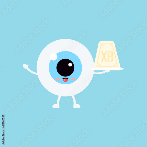 Easter cute eye ball curd easter on white plate icon. Ophthalmology easter eyeball character with sweet chesse cottage dessert. Flat design cartoon style vector vision clip art illustration.