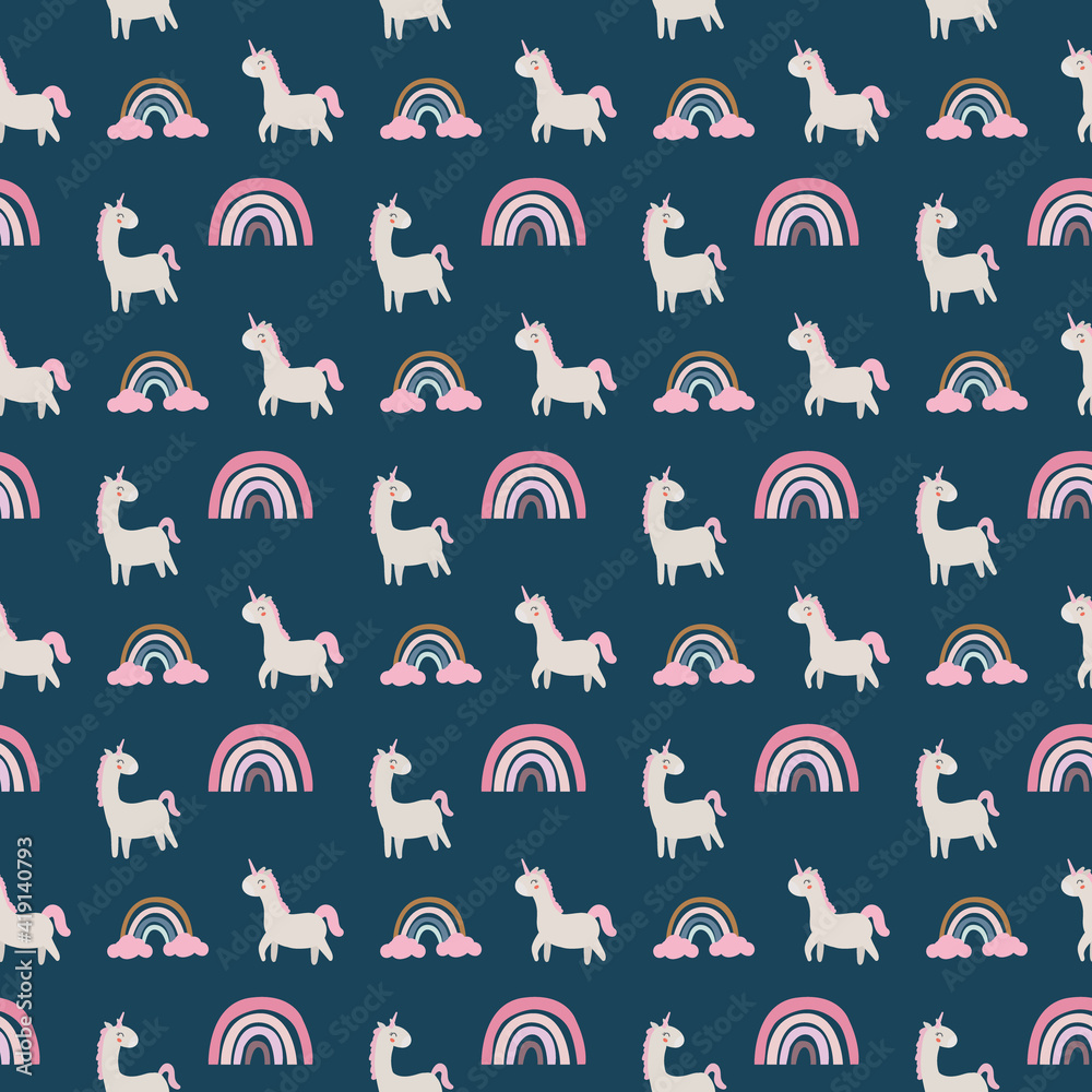Obraz premium Cute unicorn and rainbow, clouds, stars seamless pattern