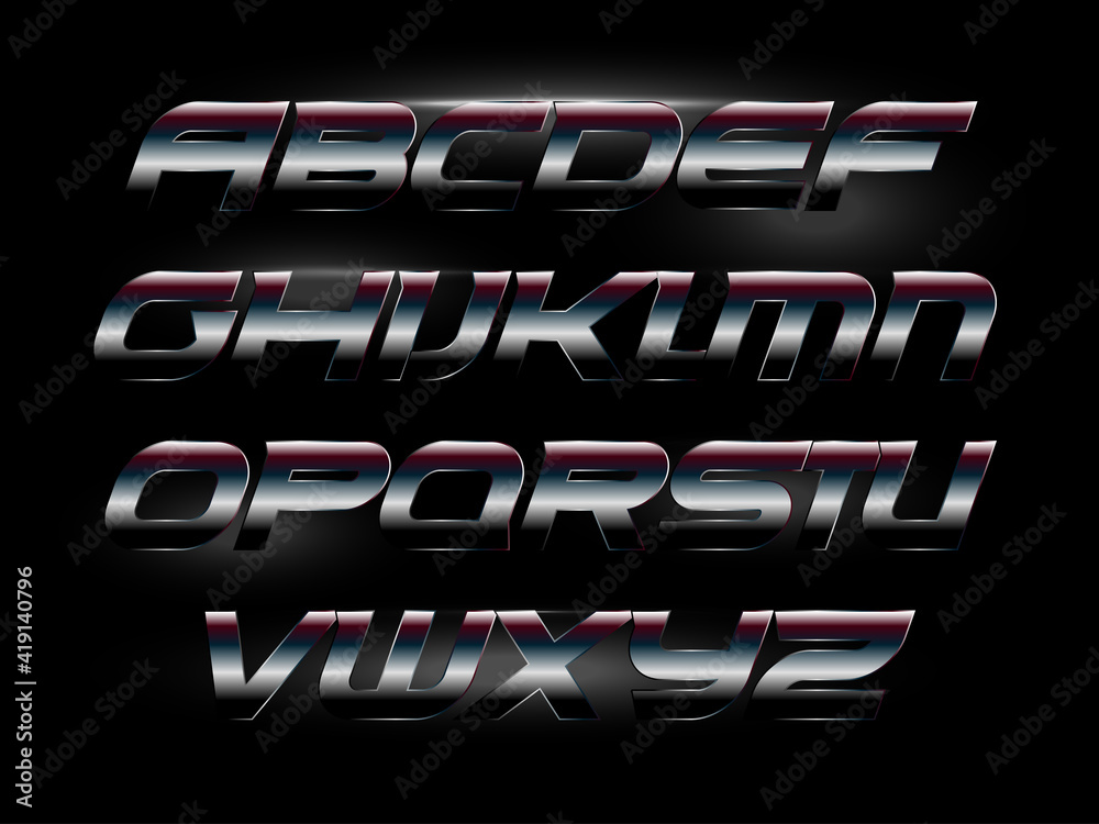 Obraz premium Modern italic bold font with metallic texture, carbon or chrome metal, polished matte steel. Alphabet for race, sport, auto, futuristic design. Vector typography.