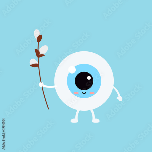Easter cute eye ball with willow in hand icon. Ophthalmology easter eyeball character with pussy-willow branch. Flat design cartoon style vector vision clip art illustration.