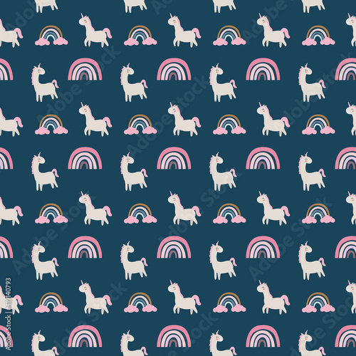 Cute unicorn and rainbow, clouds, stars seamless pattern