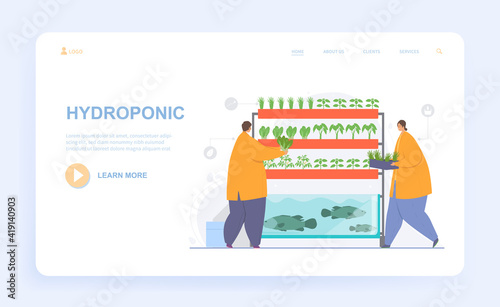 Male and female characters are working on hydroponic production. Man and woman producing food using hydroponic method. Website, web page, landing page template. Flat cartoon vector illustration