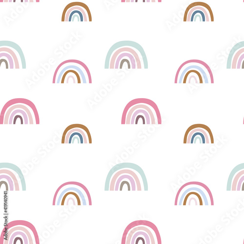 Cute unicorn and rainbow, clouds, stars seamless pattern