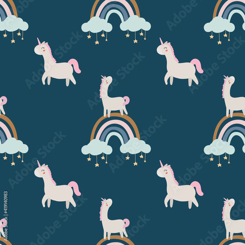 Cute unicorn and rainbow, clouds, stars seamless pattern