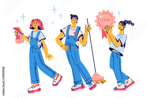 Cleaning staff characters with working tools. Cheerful smiling man and women professional cleaners and janitors in uniform, cartoon vector illustration isolated on white background.