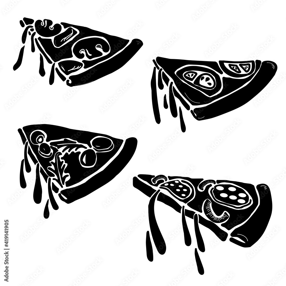 Φωτογραφία Set of silhouettes of pizza slices with various toppings, pastries with drops of