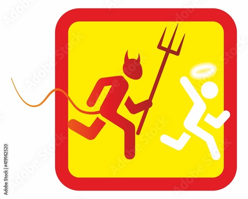 Devil and the angel. Amusingly altered road sign. Humorous Information sign with a silhouette of a person.