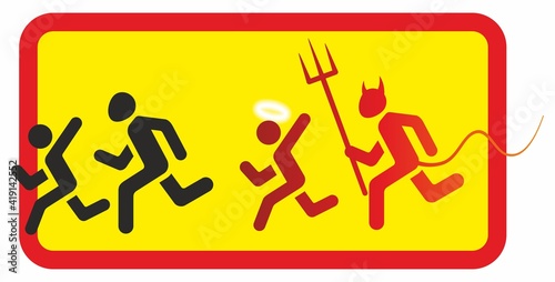 Devil and the angel. Amusingly altered road sign. Humorous Information sign with a silhouette of a person.