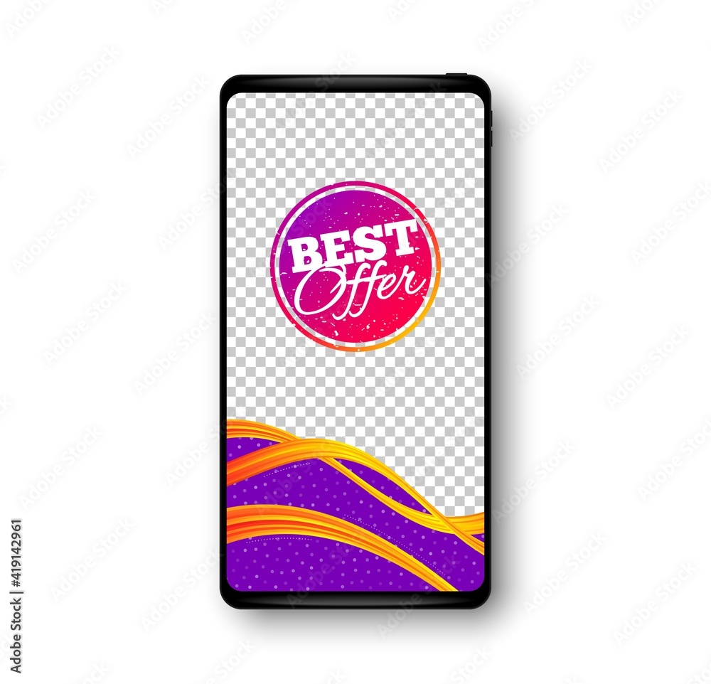 Best offer sticker. Phone mockup vector banner. Discount banner shape. Sale coupon bubble icon. Social story post template. Best offer badge. Cell phone frame. Liquid modern background. Vector