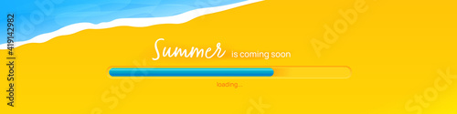 The summer is coming banner. The concept with sea and sand and the loading bar. A vector illustration