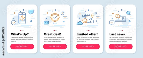 Set of Technology icons, such as House security, Mobile finance, Certificate symbols. Mobile screen mockup banners. Online help line icons. Smart home, Phone accounting, Verified award. Vector