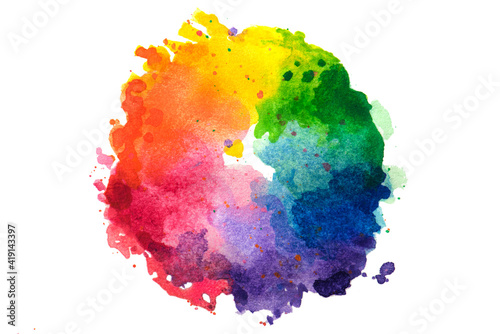 Fototapet Impressionist style artistic color wheel or color palette drawn with water colors, isolated on white