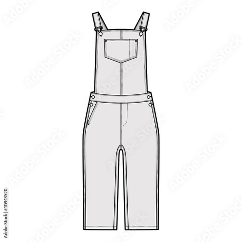 Dungarees Denim overall jumpsuit technical fashion illustration with knee length, normal waist, high rise, pockets, Rivets. Flat garment front, white, grey color style. Women, men unisex CAD mockup