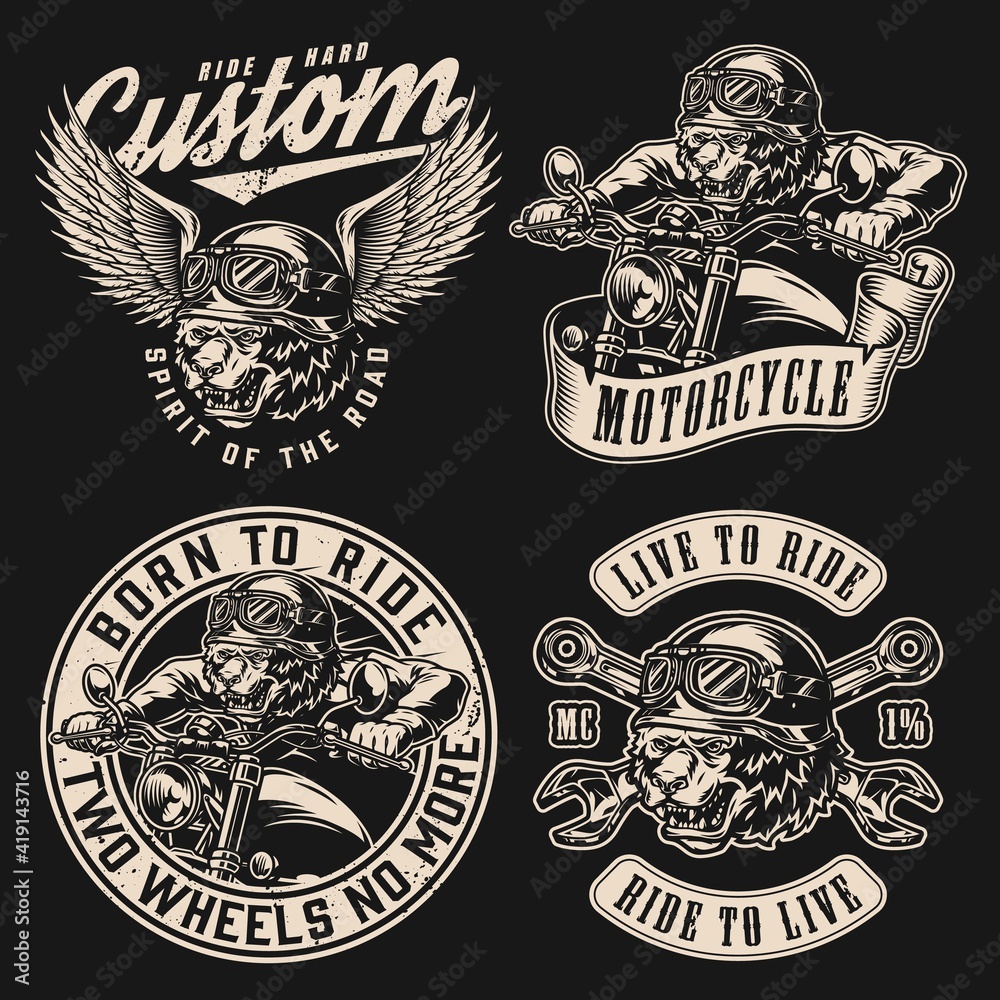Obraz premium Vintage monochrome motorcycle prints set