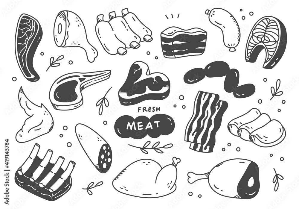 set of hand drawn meat doodle set of hand drawn meat doodle